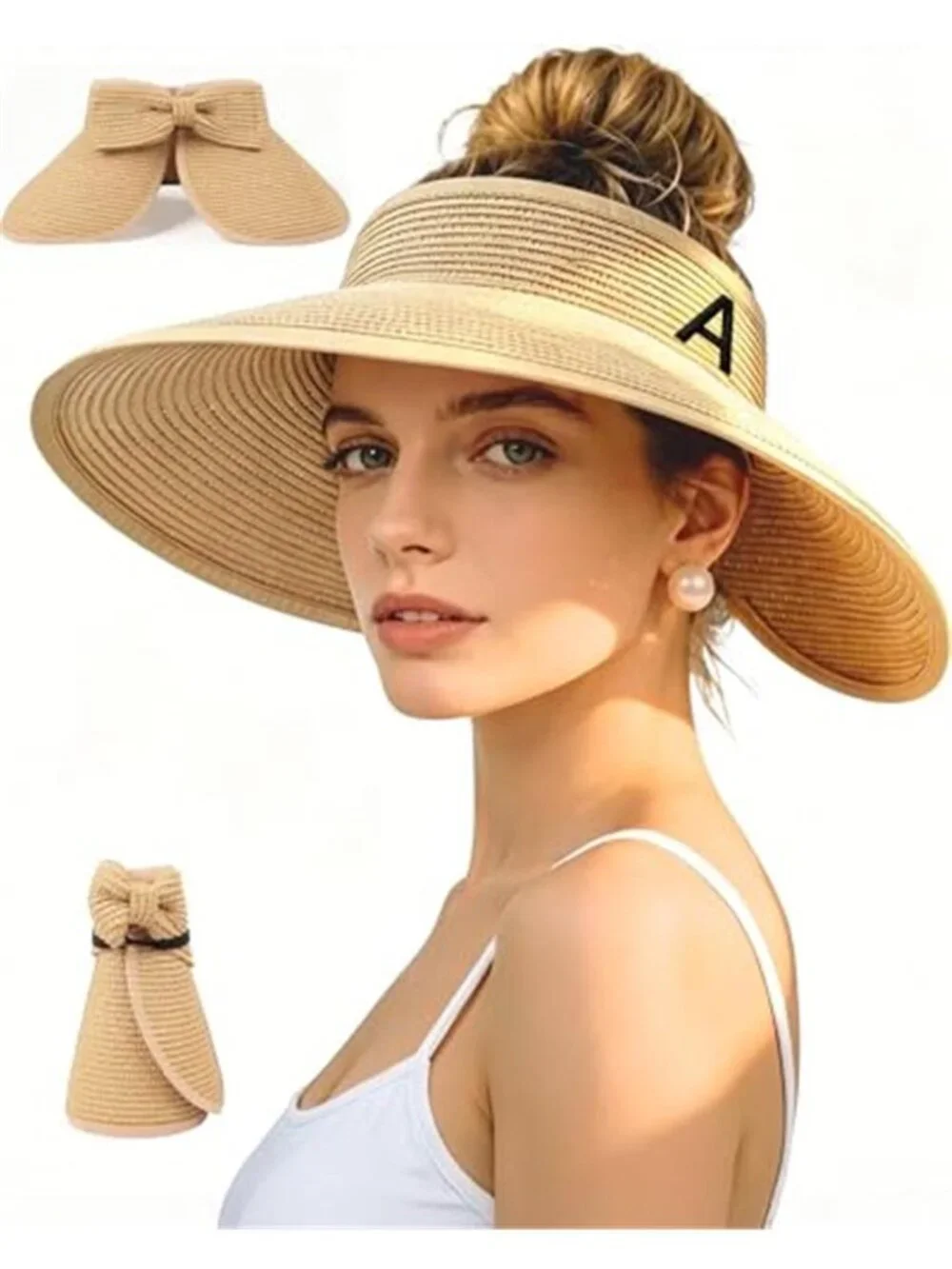 Beach Straw Sun Hat for Women Wide Brim UV Protection Visors Hat with Ponytail